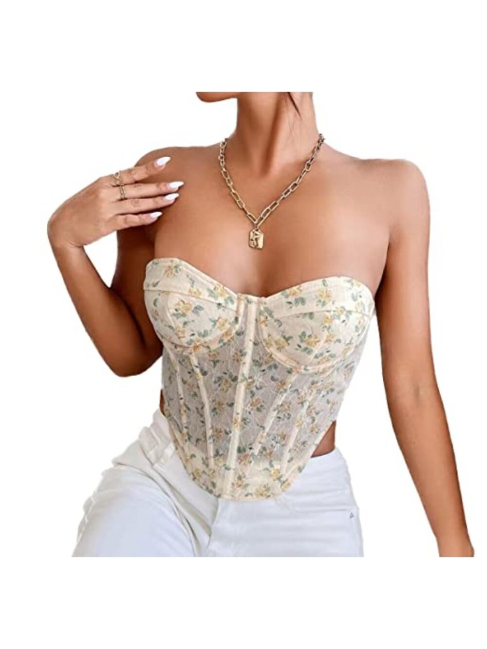 Strapless Floral Print Bustier Corset Top Asymmetrical Hem Boned Tube Top